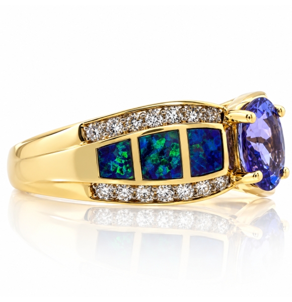 Anillo de Oro Macizo 14K con Opalo Australiano y Tanzanita