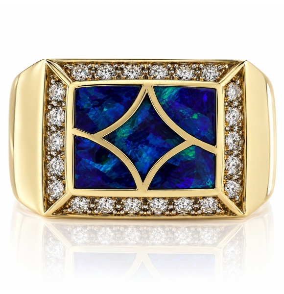 Anillo de Oro Macizo 14k con Opalo Australiano y Diamantes