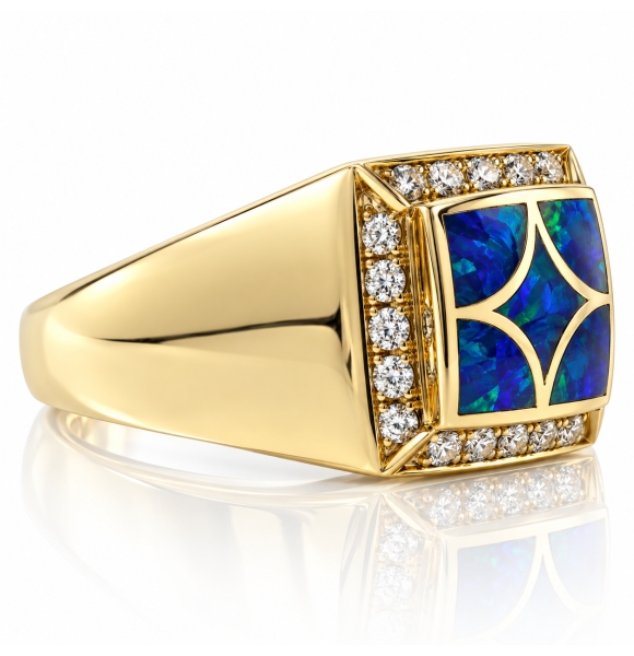 Anillo de Oro Macizo 14k con Opalo Australiano y Diamantes