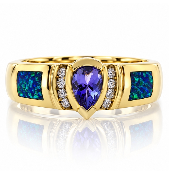 Anillo de Oro Solido con Opalo y Tanzanita