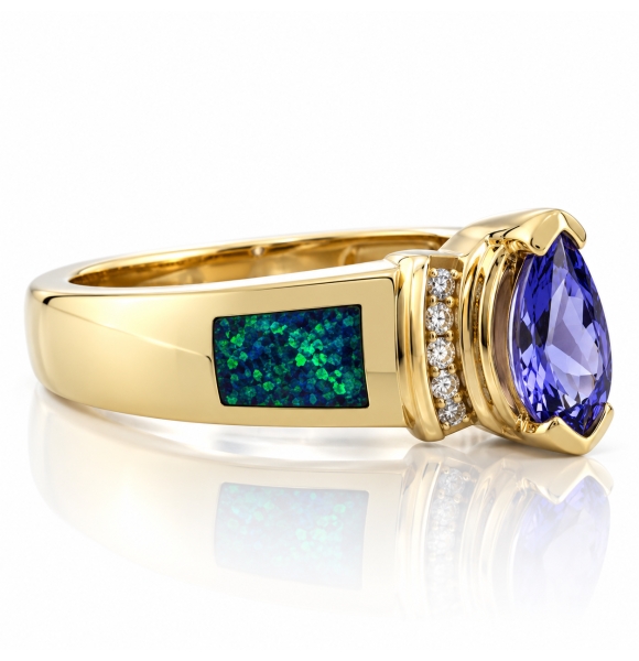 Anillo de Oro Solido con Opalo y Tanzanita