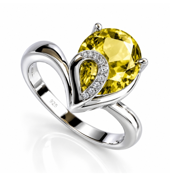 Anillo de Plata Solitario con Alejandrita Amarilla en Corte Pera