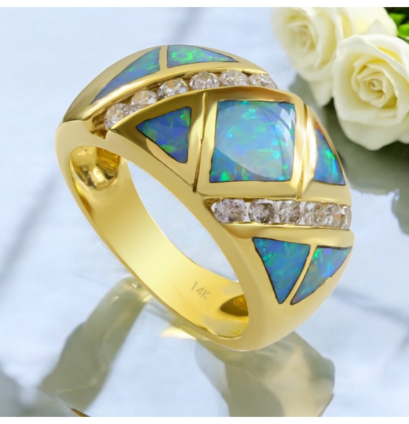 Precioso Anillo de Oro 14K con Opalo y Diamantes