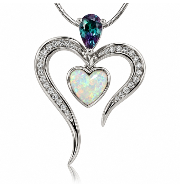 Collar de Plata fina con Piedra Alejandrita y Ópalo Australiano en Forma de Corazón