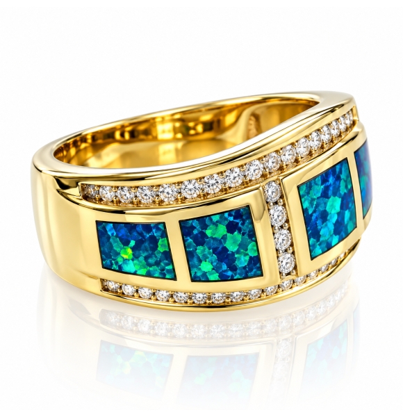 Hermoso Anillo de Opalo Australiano y Diamantes en Oro Macizo 14K
