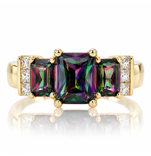 Anillo con 3 Gemas Topacio Mistico en Plata con un Baño de Oro 14K