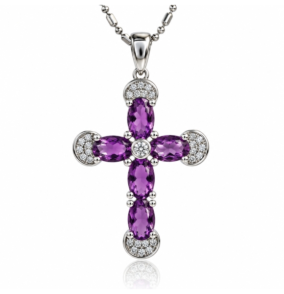 Preciosa Cruz de Plata Con Amatista y Circonitas 32 mm x 20 mm