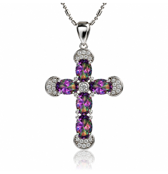 Preciosa Cruz de Plata Con Topacio Mistico y Circonitas 32 mm x 20 mm