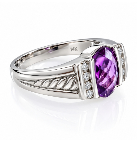 Precioso Anillo de Amatista en Oro Blanco de 14K