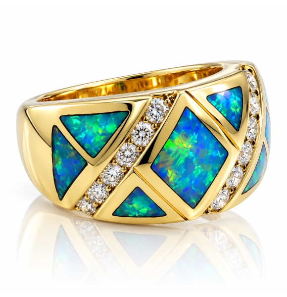 Precioso Anillo de Oro 14K con Opalo y Diamantes