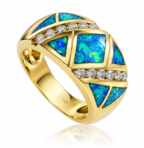 Precioso Anillo de Oro 14K con Opalo y Diamantes