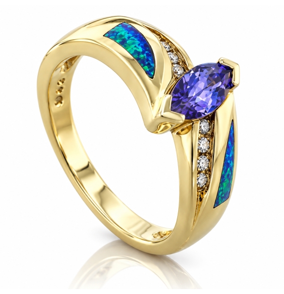 Precioso Anillo de Tanzanita, Diamantes y Opalo en Oro de 14K