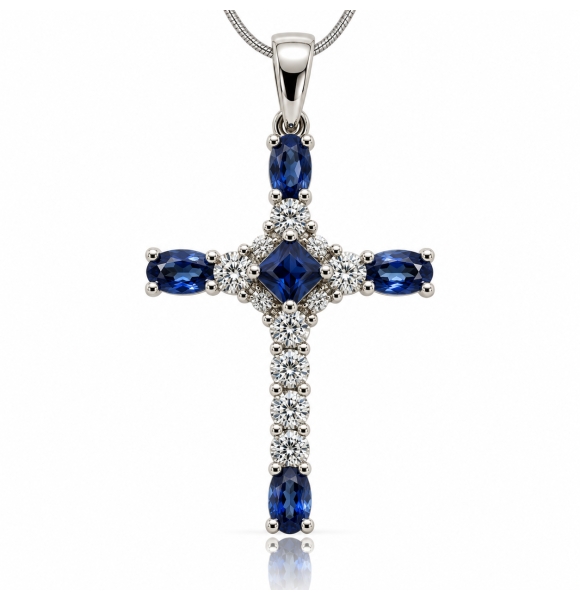 Hermosa Cruz de Plata de Ley y Piedras Tanzanita con Zirconias