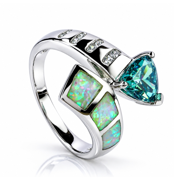 Anillo de Alejandrita con Ópalo blanco y Hermosas Piedras Zirconia en Plata de Ley
