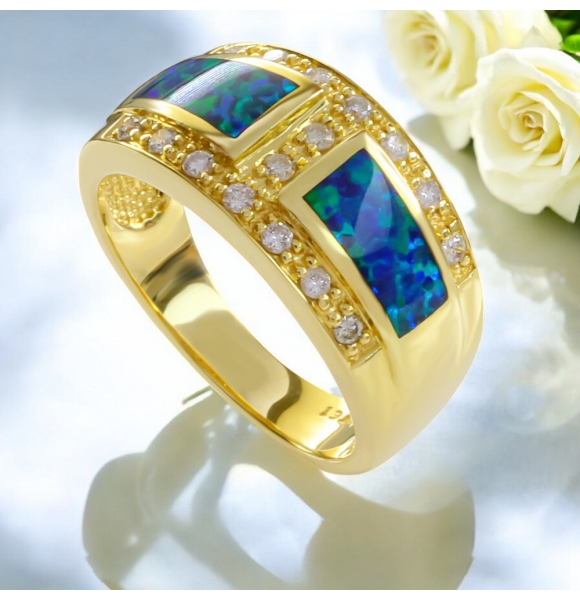 Anillo de Oro de 14K con Opalo Australiano con Diamantes Genuinos