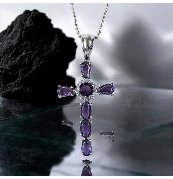 Bella Cruz de Plata Con Piedras Preciosas de Amatista y Zirconia