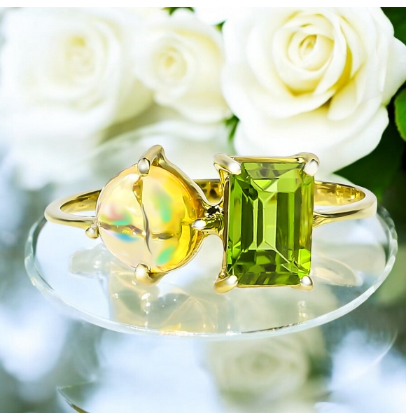 Anillo de Oro Amarillo 14K Opalo Con Peridoto Genuino