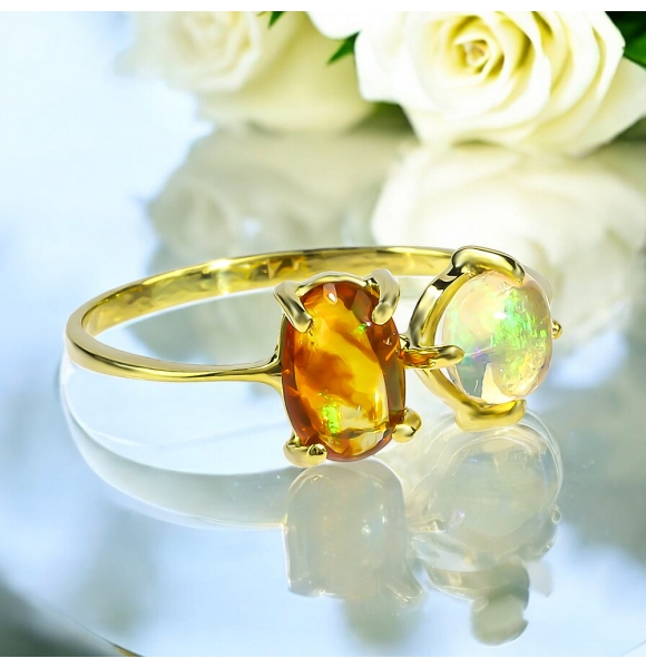 Anillo de Opalo de Fuego Mexicano 14K Oro Amarillo