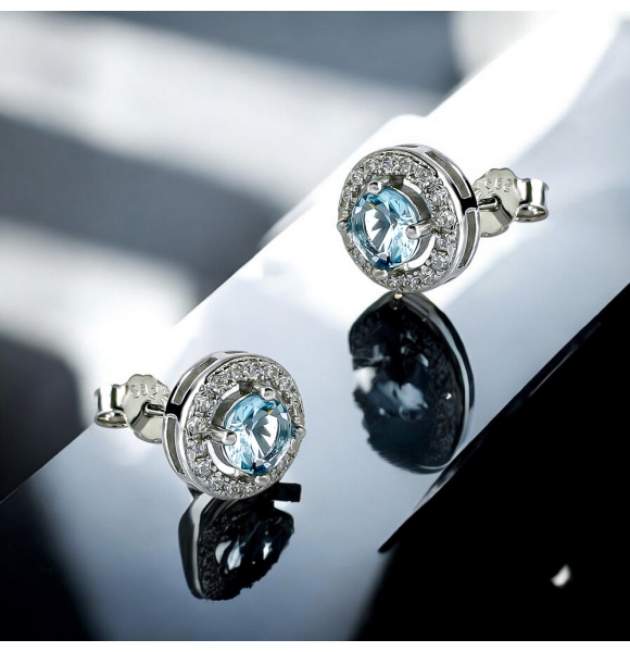 Aretes de Plata .925 con Solitario Halo de Aguamarina Talla Redonda