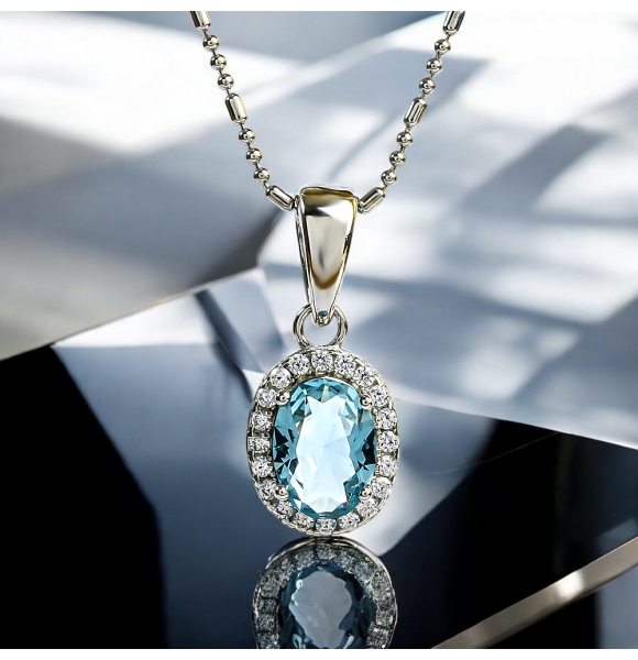 Dije de Plata .925 con Solitario Halo de Aguamarina Talla Ovalada