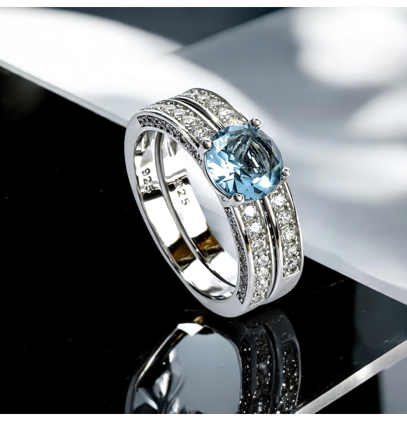 Doble Anillo de Compromiso Corte Redondo Aguamarina