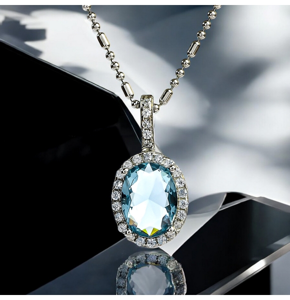 Dije de Plata Halo de Aguamarina Corte Ovalada