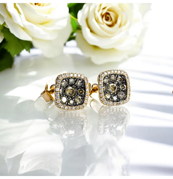 Aretes de Oro Amarillo con Diamantes Chocolates y Blancos Naturales