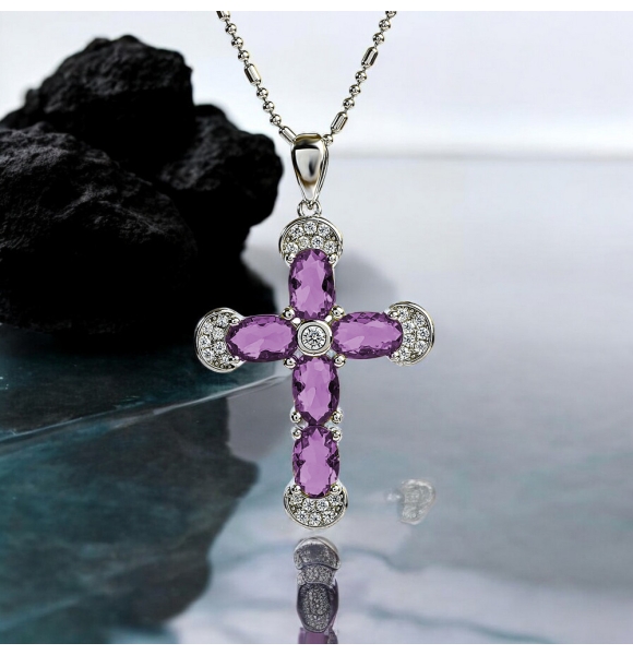 Preciosa Cruz de Plata Con Amatista y Circonitas 32 mm x 20 mm