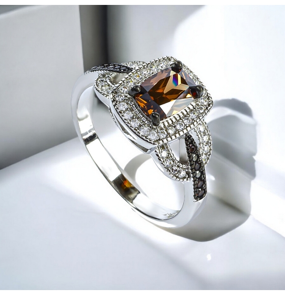 Anillo de Diamante Chocolate Con Plata