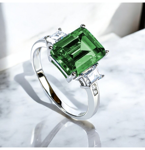 Hermoso Anillo de Plata de Ley con Esmeralda