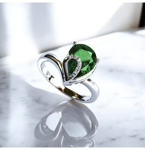 Anillo de Plata Solitario con Esmeralda en Corte Pera