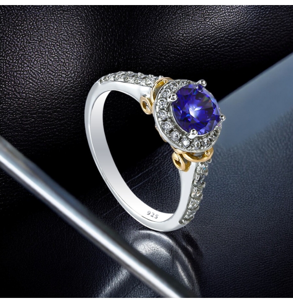 Anillo de Tanzanita 6 mm Plata y Baño de Oro Amarillo