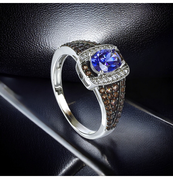 Anillo de Diamante Chocolate & Tanzanita 7 mm x 5 mm Plata