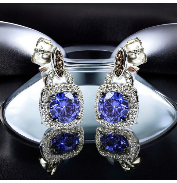 Juego de Pendiente y Aretes de Diamantes de Chocolate con Tanzanita y Plata