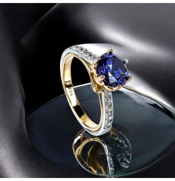 Anillo de Tanzanita 8 mm Plata y Baño de Oro Amarillo