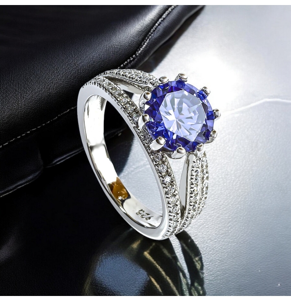 Anillo de Plata Sterlina 925 Con Tanzanita Corte Brillante 9 mm