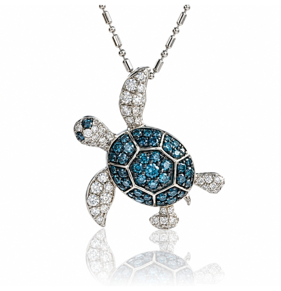 Colgante de Tortuga Oro Blanco con Diamantes Azules y Blancos Naturales