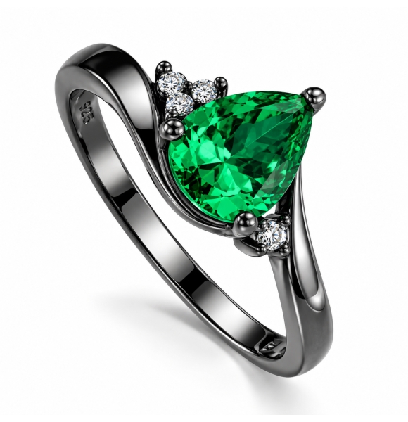 Anillo de Plata Negra con Esmeralda en Corte de Pera