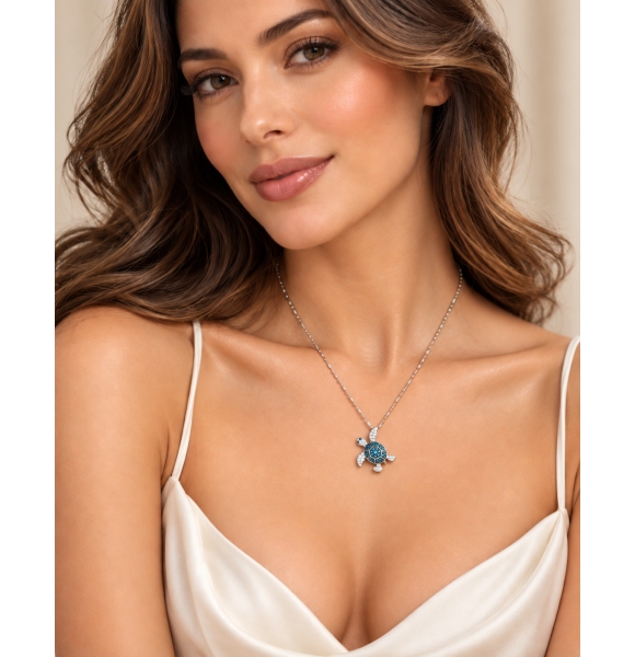 Colgante de Tortuga Oro Blanco con Diamantes Azules y Blancos Naturales