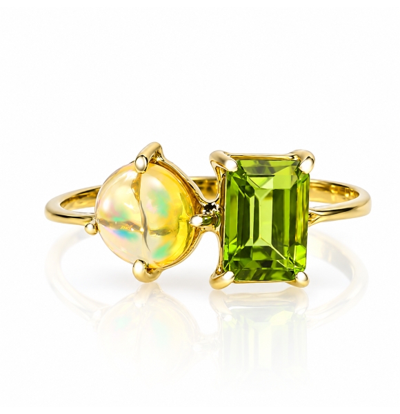 Anillo de Oro Amarillo 14K Opalo Con Peridoto Genuino