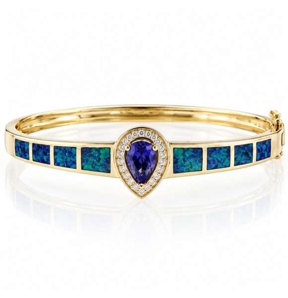 Brazalete de Plata .925 en Baño de Oro 14K con Tanzanita y Opalo Australiano