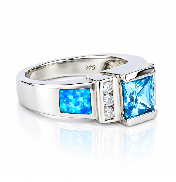 Hermoso Anillo de Plata con Topacio Azul y Ópalo Australiano
