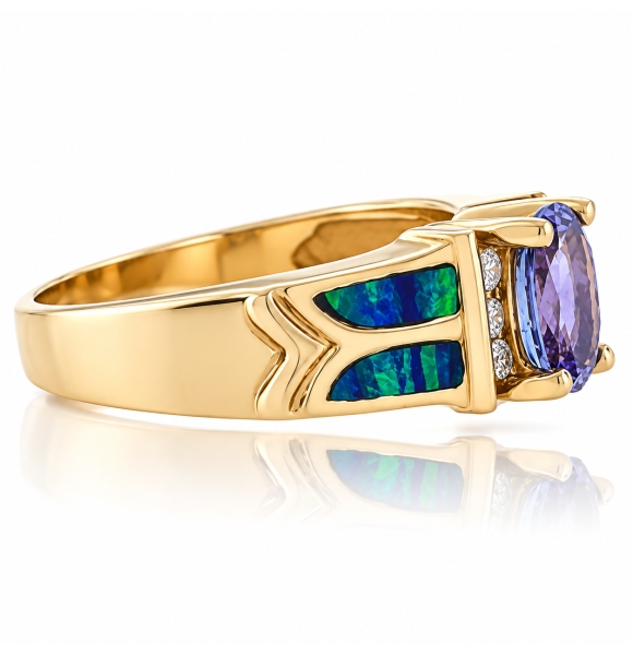 Anillo de Opalo Australiano con Tanzanita Oro Solido de 14K