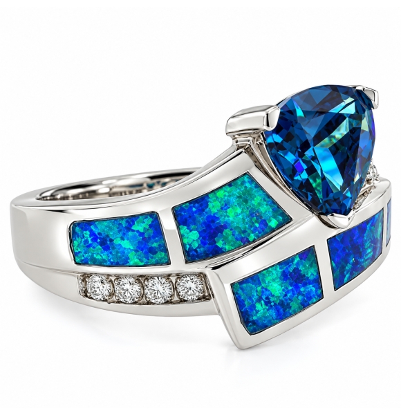 Anillo de Plata Fina .925 con Alejandrita y Opalo Azul