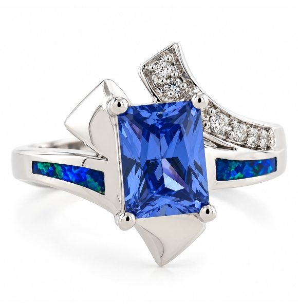 Anillo de Plata con Tanzanita en Corte Esmeralda