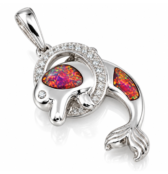 Dije de Plata .925 en Diseño de Delfín con Ópalo Rosa