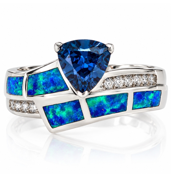 Anillo de Plata Fina .925 con Alejandrita y Opalo Azul