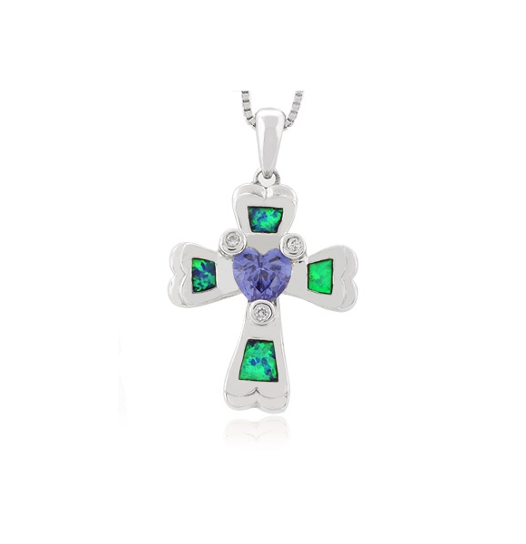 Dije de Cruz en Plata De Ley con Tanzanita y Ópalo Australiano