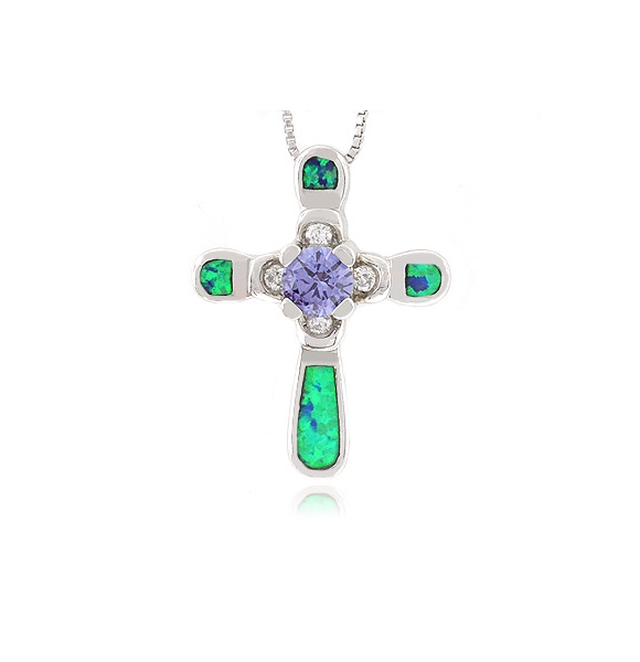Dije de Cruz en Plata .925 con Tanzanita y Ópalo Verde