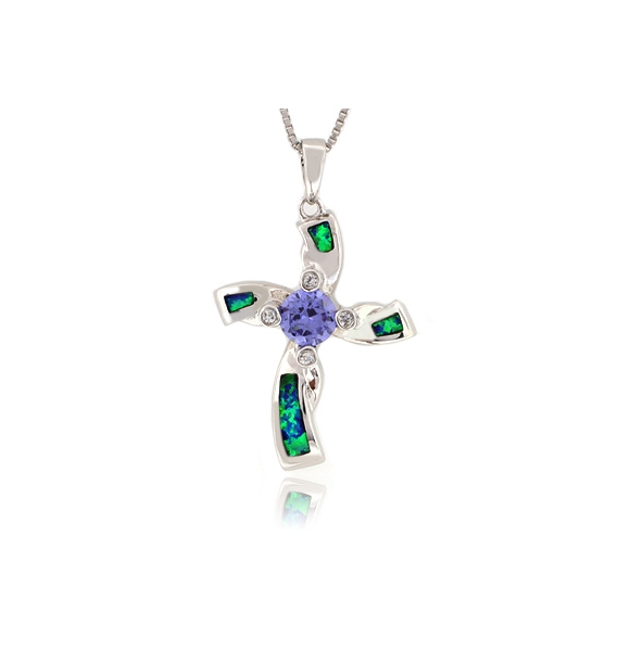 Dije de Cruz en Plata .925 con Ópalo Australiano y Tanzaita